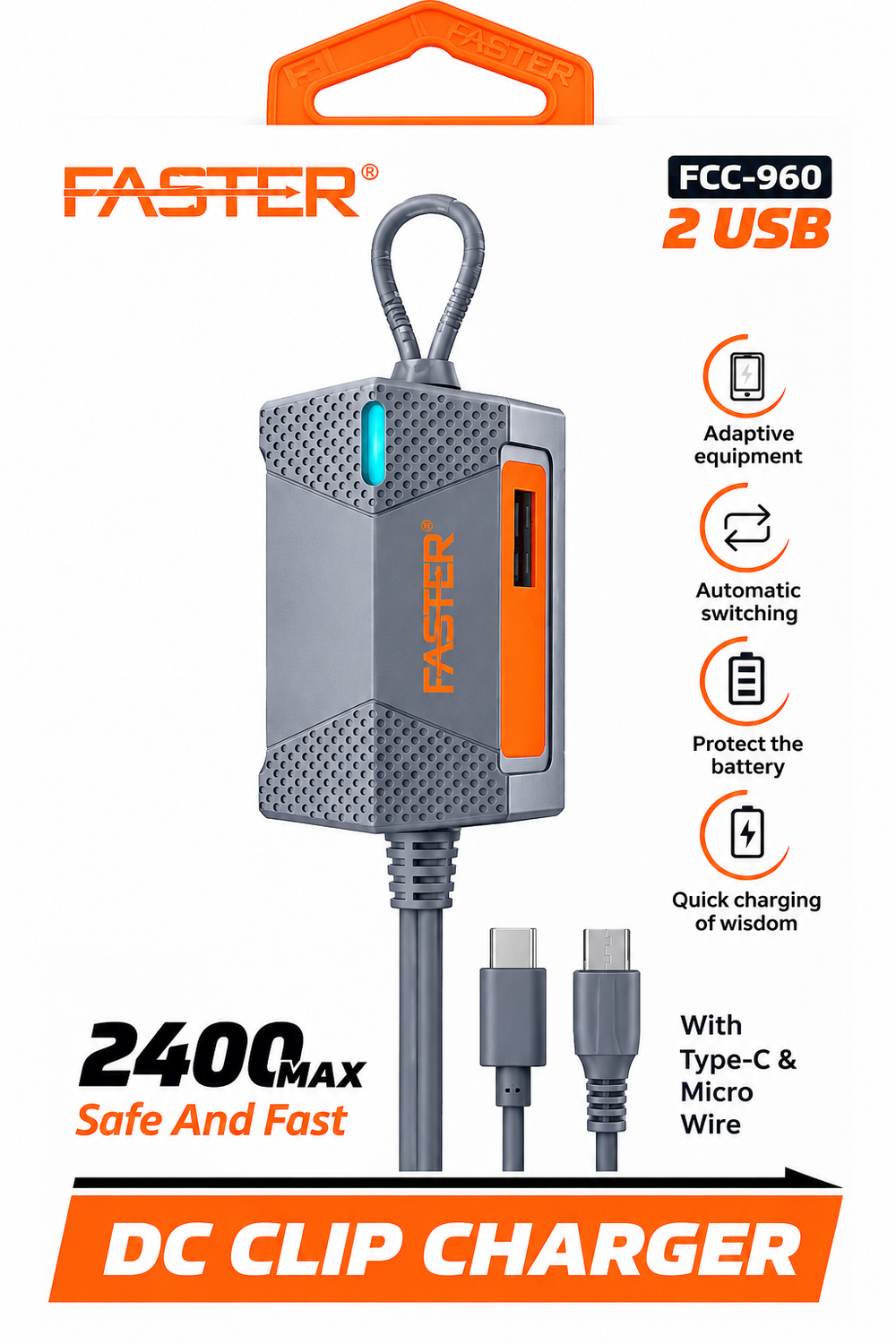 FASTER FCC-960 DC Clip Charger with Type-C Cable – 2400 MAX